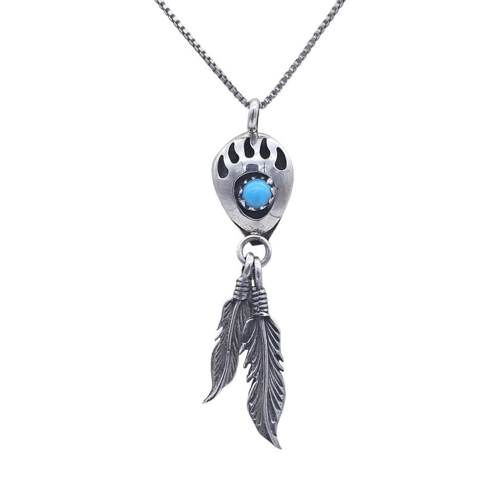 Vintage Sterling Siilver Bear Paw and Feather Turquoise Pendant Necklace
